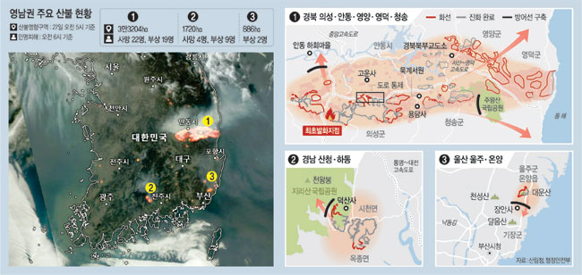 26일 위성에서 바라본 열 감지 사진을 보면 산불이 발생한 경북·경남 지역이 붉게 표시돼 있다. 그래픽=송재우 기자, 줌어스(Zoom Earth) 캡처