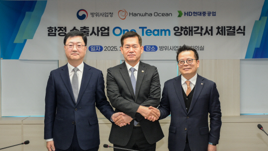 석종건(가운데) 방위사업청장과 주원호(왼쪽) HD현대중공업 특수선사업 대표, 어성철(오른쪽) 한화오션 사장이 지난 2월 25일 경기도 과천 방위사업청 청사에서 ‘함정 수출사업 원팀’ 양해각서 체결 후 손을 맞잡고 있다. 방위사업청 제공